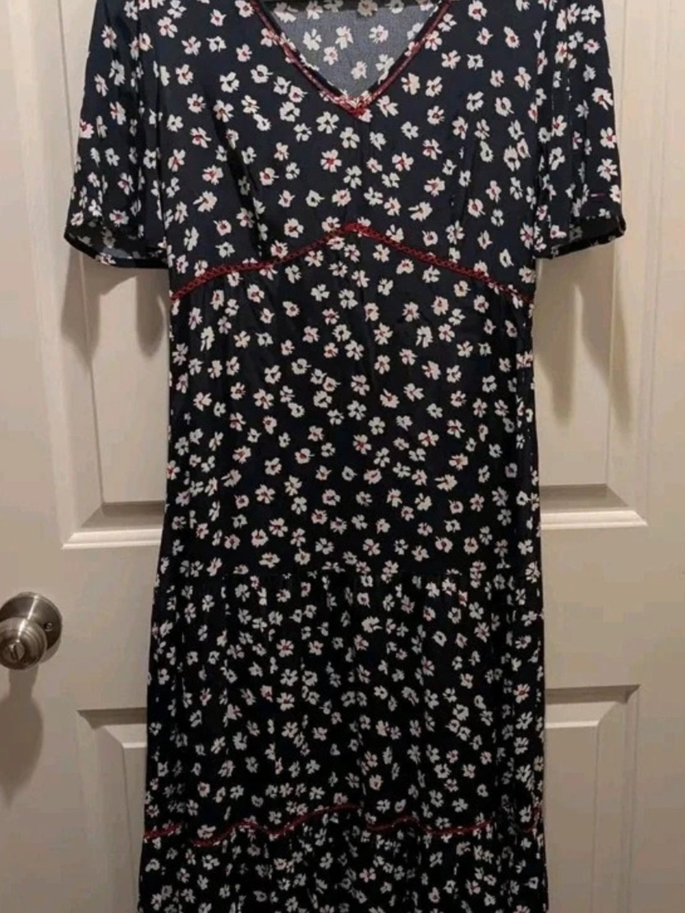 Tommy Jeans Navy Floral V-Neck Dress with Red Trim